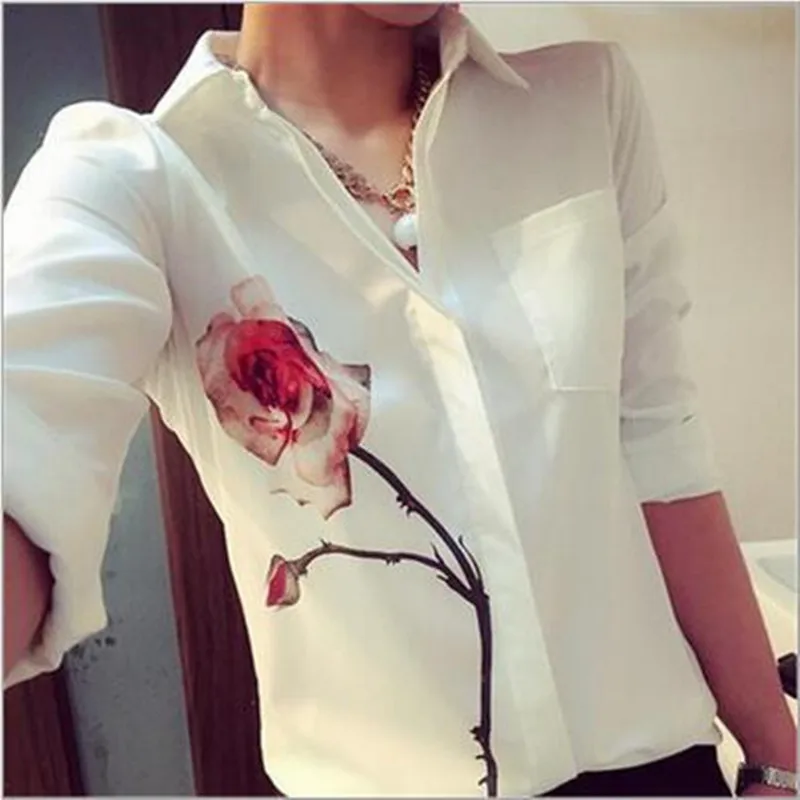 

2018 new chiffon rose print white long-sleeved shirt women's autumn casual loose lapel shirt Top female White Lace Blouse
