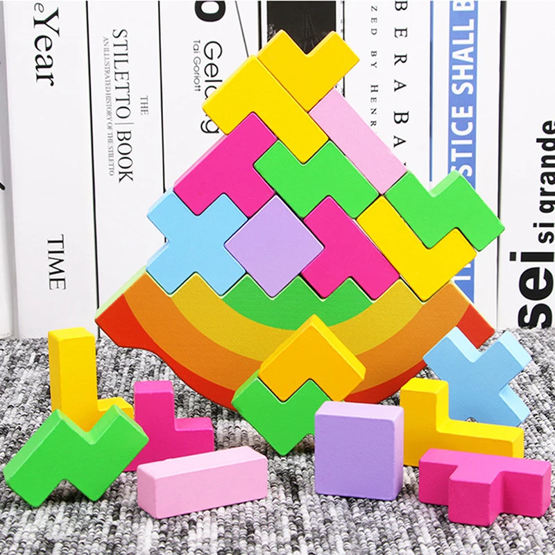 

Wooden Tetris Puzzle Brain Teasers Toy Geometry Building Nesting Stacker Colorful Educational Toys Puzzle for Kids Baby