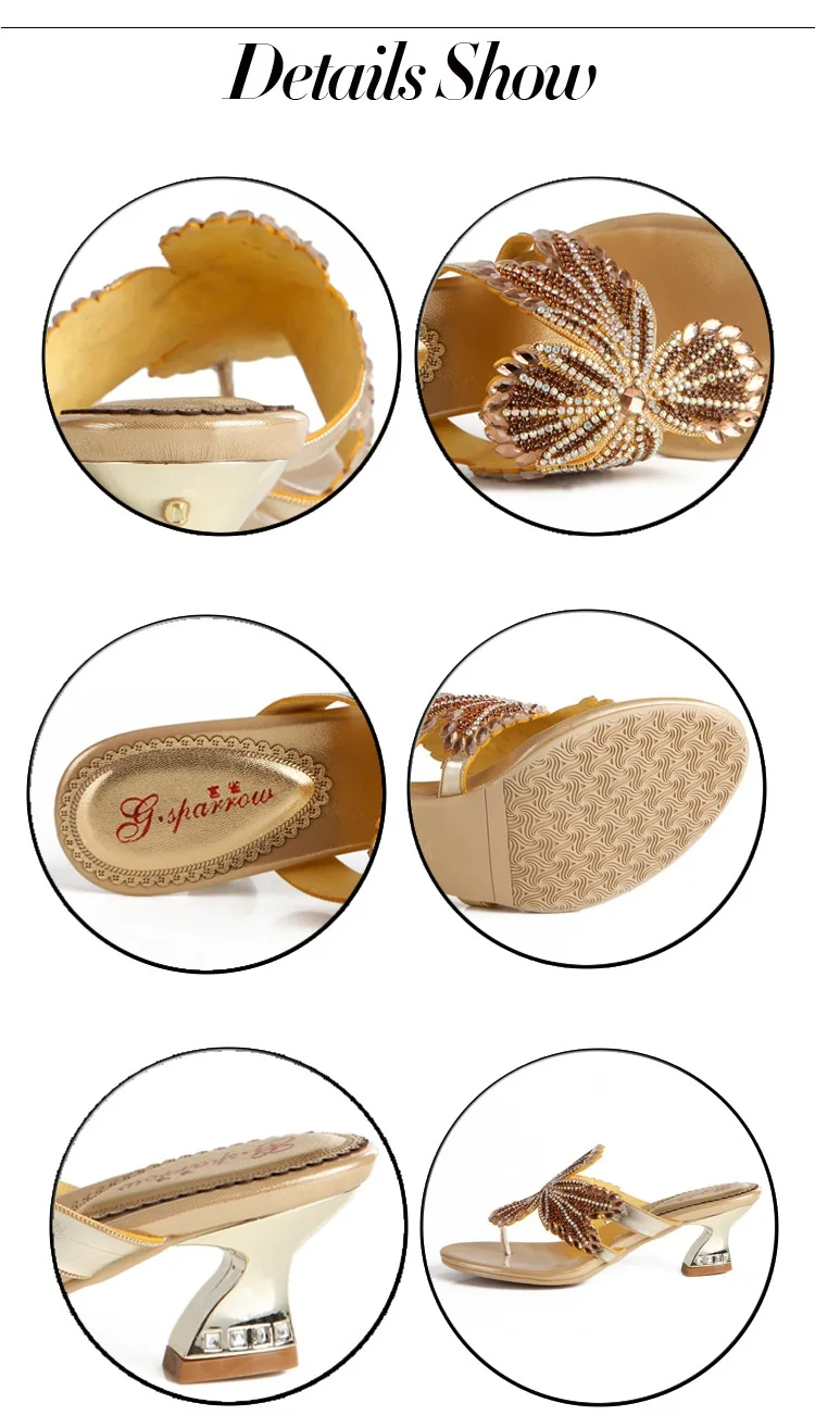 G-sparrow 2018 Summer New Fashion Rhinestones Princess Sandals Women Thick Heel Slippers Shoes Gold Silver Black 8cm4