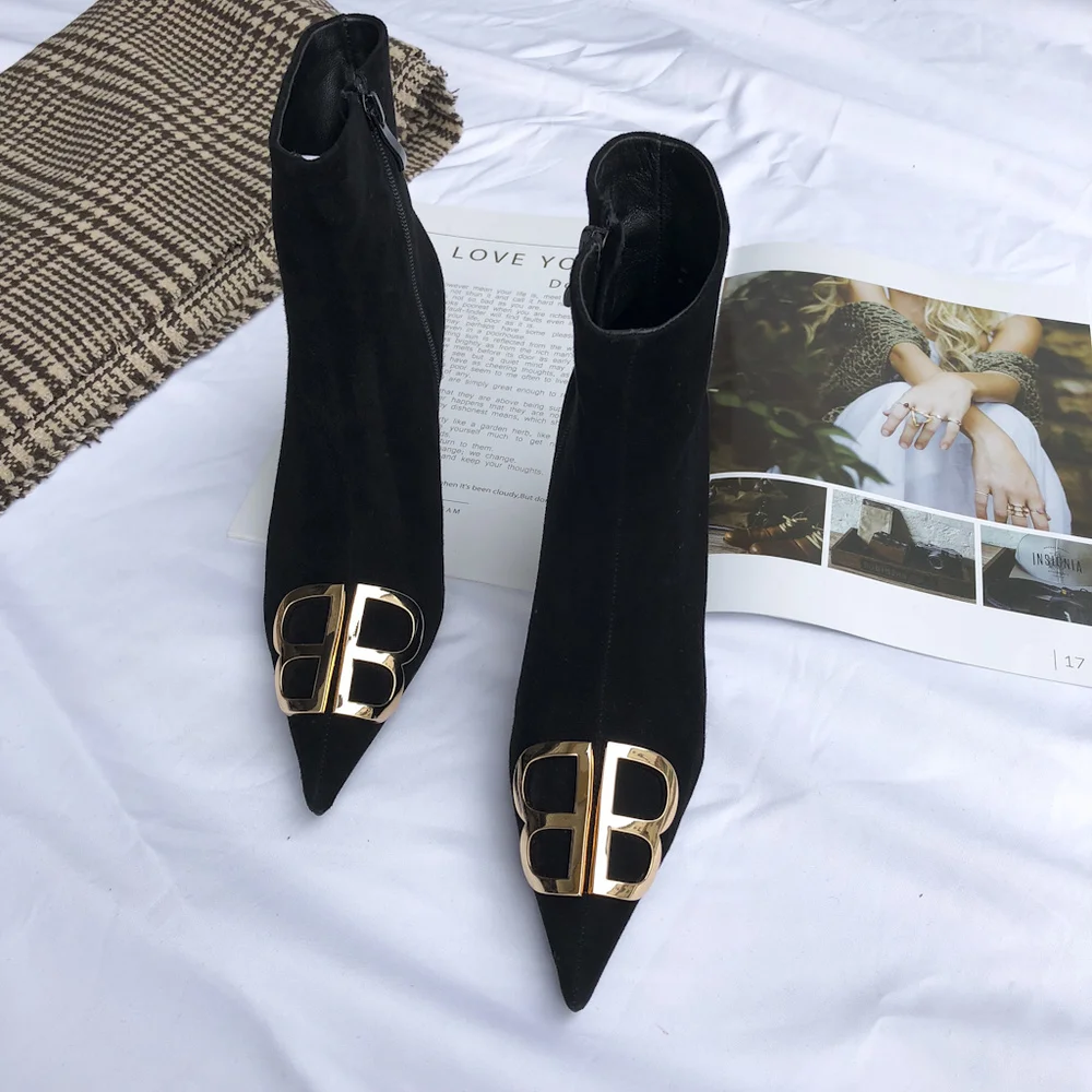 

2019 Spring Autumn Sexy Street Fashion Solid Color Pointed Double B Metal Decorative Lattice Zipper High Heel Women's Boots