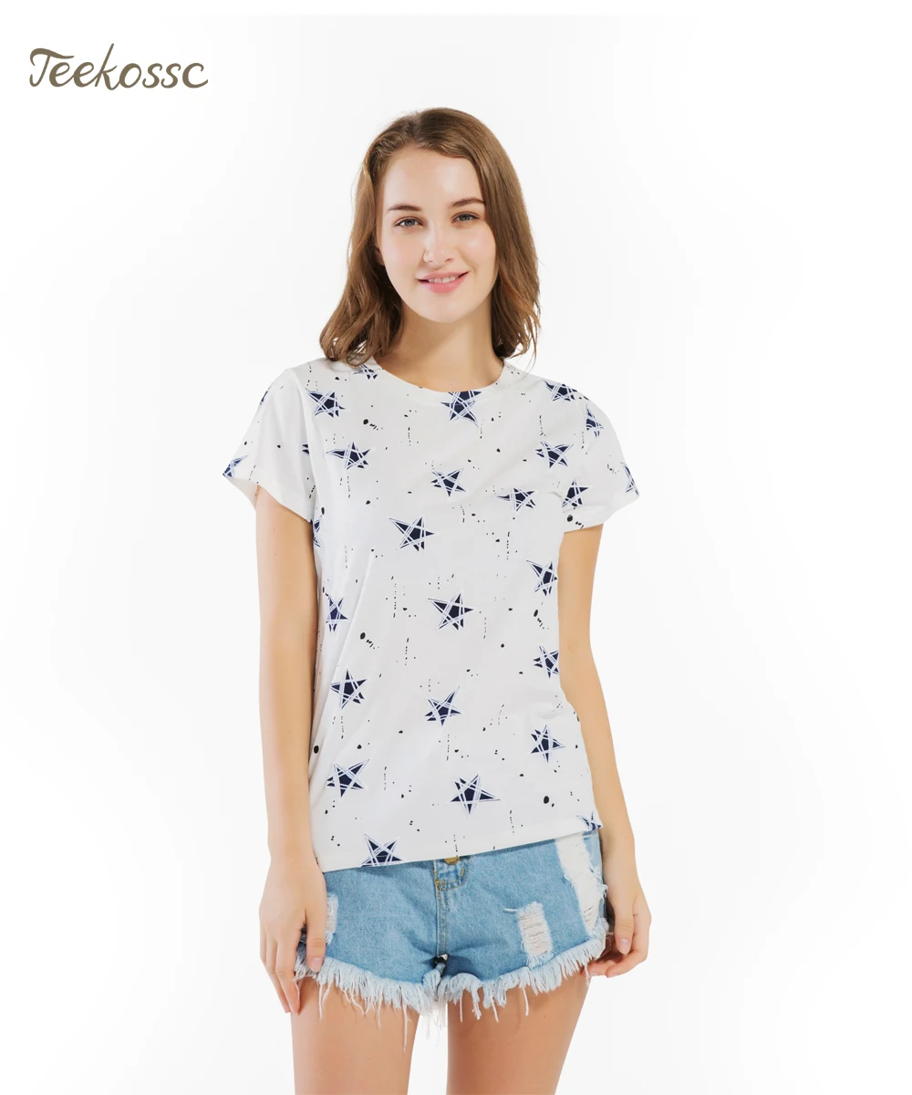 

Bule Star Short Sleeve Tshirts Women White T Shirts Summer Top Tees Shirt Femme Tops Tee Shirts Cotton O-Neck Feminina Womens