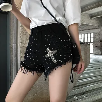 

Women Black Rivet Ripped Holes Jeans Shorts Street Wear High Waist Fringe Denim Hot Shorts Ladies Summer Sexy Shorts