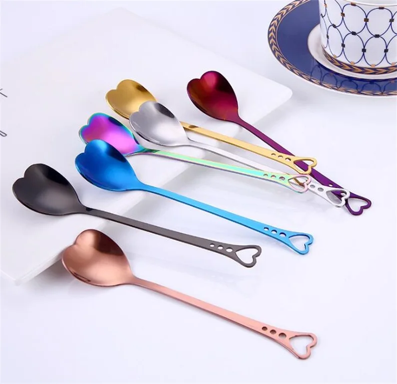 Colorful Love Heart Shaped Spoon Stainless Steel Coffee Tea Stir Spoon