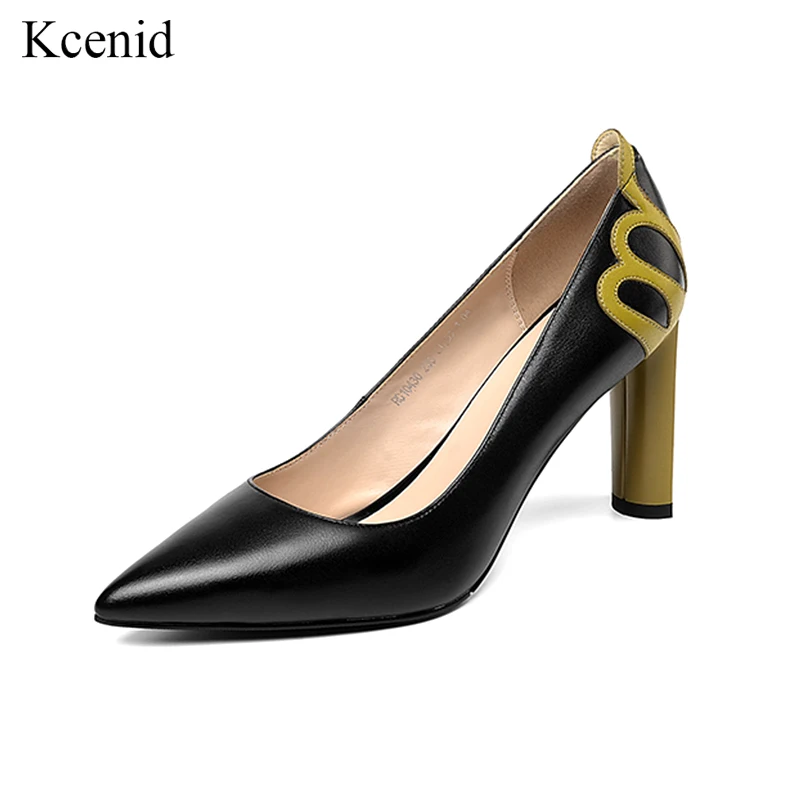 

Kcenid New women's genuine leather shallow high heels shoes woman elegant party pumps spring pointed toe fashion appliques shoes