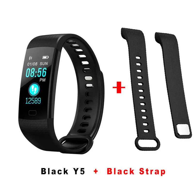 black with strap Умный Фитнес-браслет Y5, водонепроницаемый монитор сердечного ритма, измеритель артериального давления, фитнес-трекер, шагомер, умные часы для мужчин и женщин - Цвет: black with strap