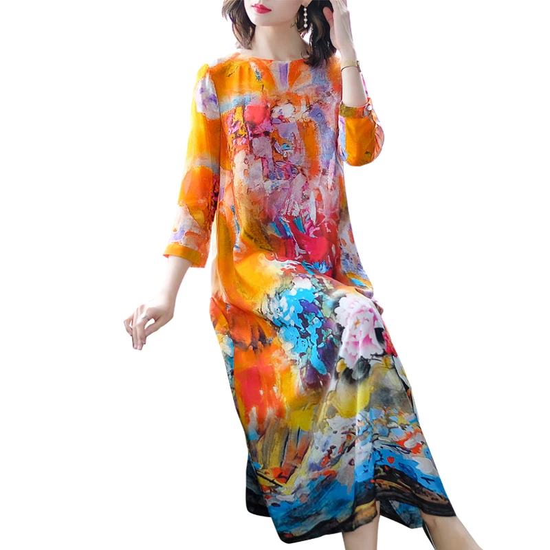 

European And American Fashion Print Female Dress 2019 Summer Imitate Real Silk Dress Loose Temperament Round Collar Lady Dresses