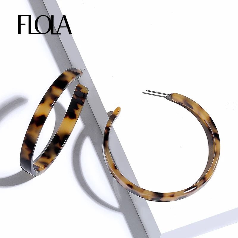 

FLOLA 2019 Za Leopard Hoop Earrings for Woman Animal Print Geometric Acrylic Circle Earring Punk Big Resin Oorbellen ersn66