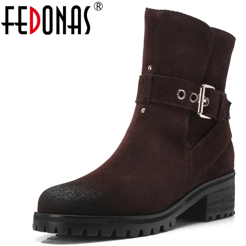 

FEDONAS1Fashion Women Ankle Boots Cow Suede Autumn Winter Warm Motorcycle Boots Buckle Round Toe Square Heels Shoes Woman Pumps