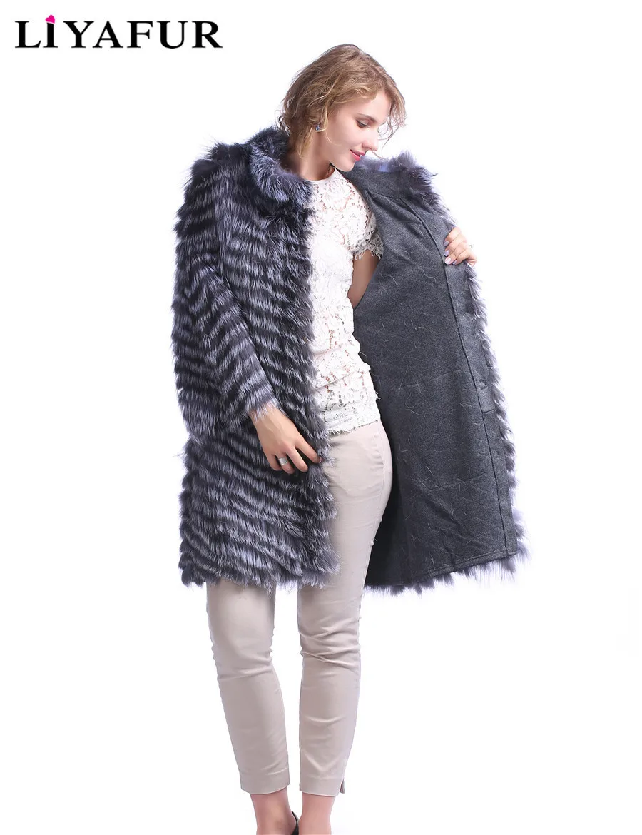 Liyafur v-образный натуральная Silver Fox Мех Пальто Верхняя куртка кардиган подкладка зимние полосатые пальто с воротником-стойкой