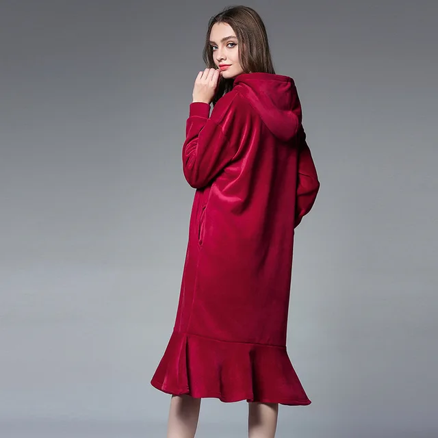 Thermal Warm Winter Dress Fleeced Women Hooded Long Velour Dresses Plus