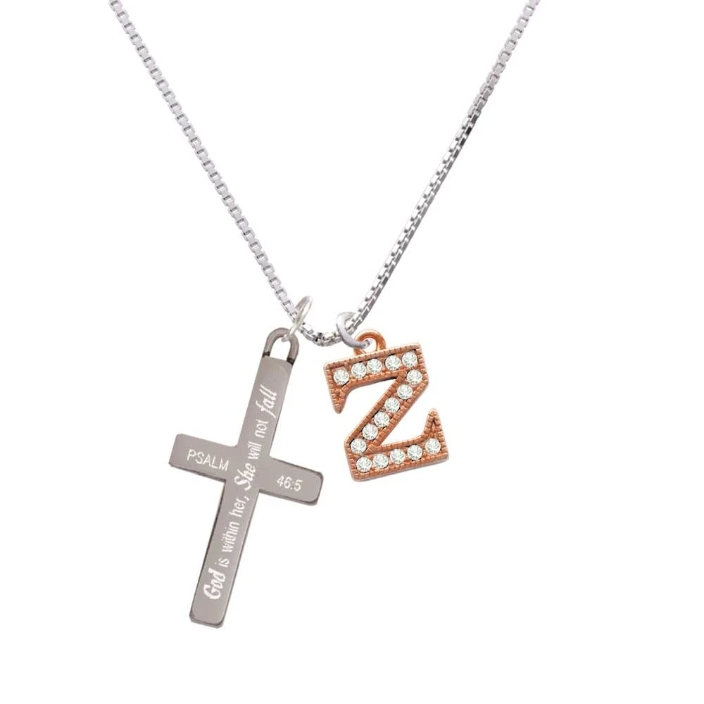Crystal Rose Gold Tone Initial - Z - - She will not Fall - Cross Necklace