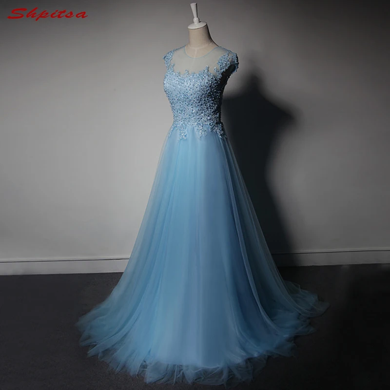 Light Blue Long Lace Evening Dresses Party Beautiful Women Beaded Prom