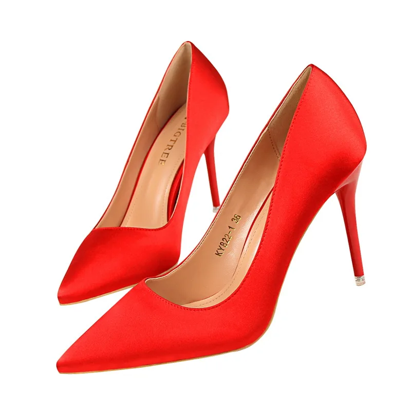 

8Colors Silk Material Women Thin 9.5cm High Heels Plain Pumps Pointed Toe Elegant Wedding and Party Woman Shoes