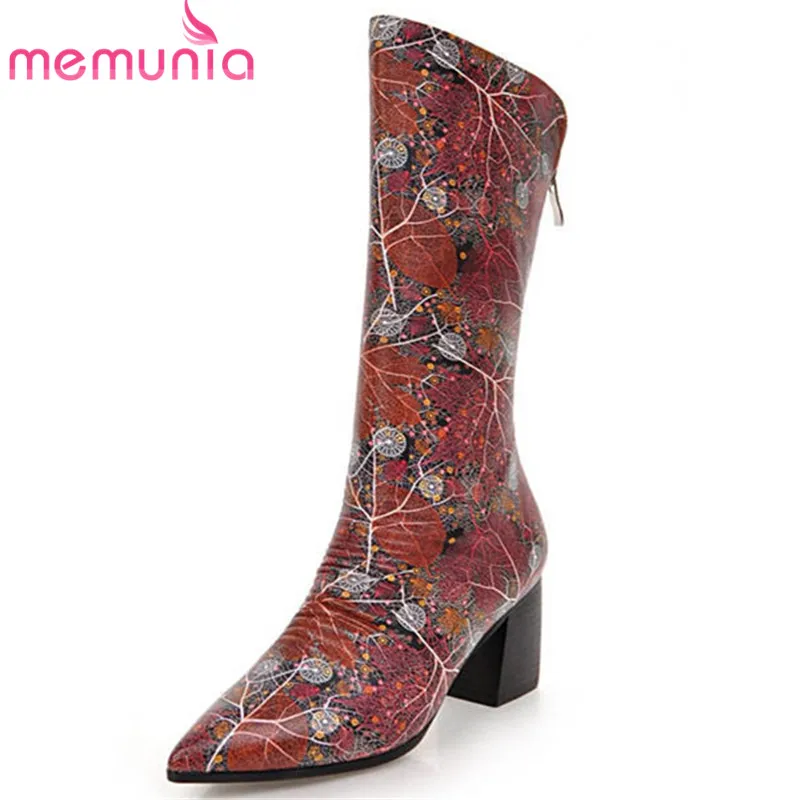 

MEMUNIA 2020 hot sale boots women pointed toe pu autumn winter boots zipper mixed colors high heels shoes woman mid calf boots