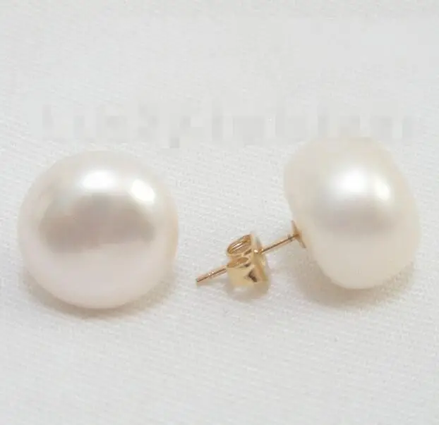 

Wholesale price 16new Genuine 14mm round white Freshwater pearls Earrings 14K gold j7584