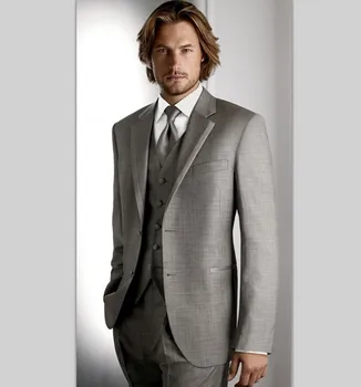 

New Arrival Mens Suits Groomsmen Notch Lapel Groom Tuxedos Light Grey Strips Wedding Best Man Suit (Jacket+Pants+Tie+Vest) A94