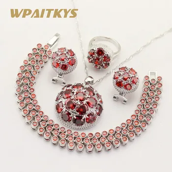 

Round Red Cubic Zirconia Silver Color Jewelry Sets Hoop Earrings Bracelets Set Necklace Pendant Rings For Women Gift Box