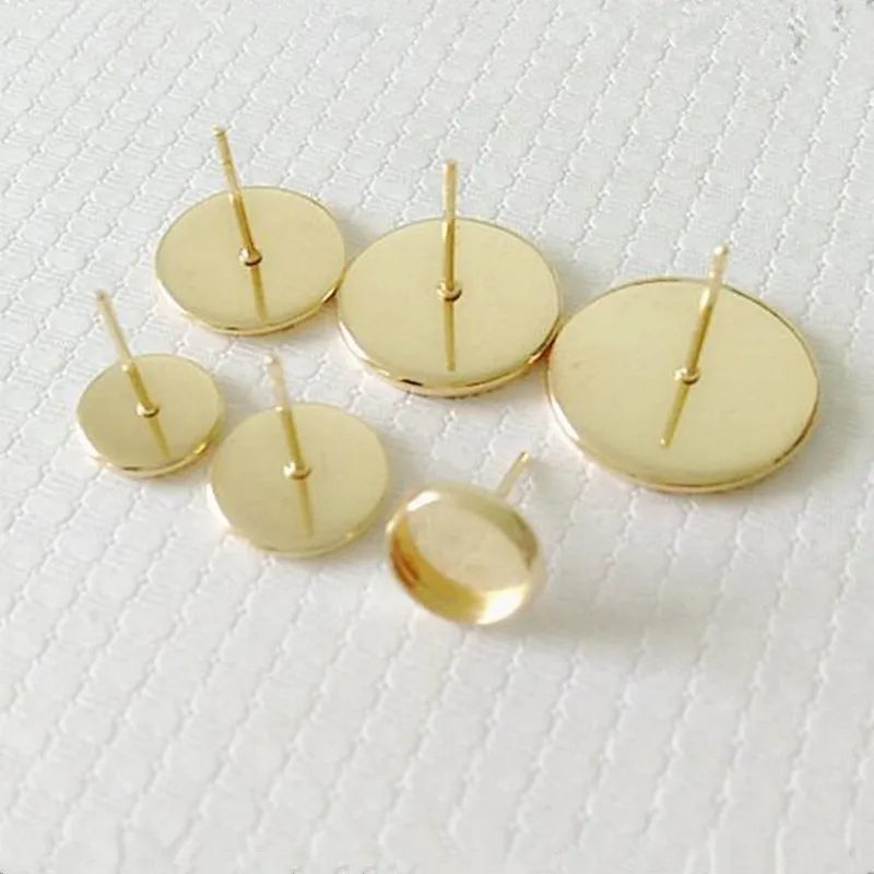20pcs Stainless Steel Gold Color Round Ear Studs Earrings Blank Base fitting 8/10/12/14/16mm Glass Cabochons Cameo Z790 Jewelry Findings
