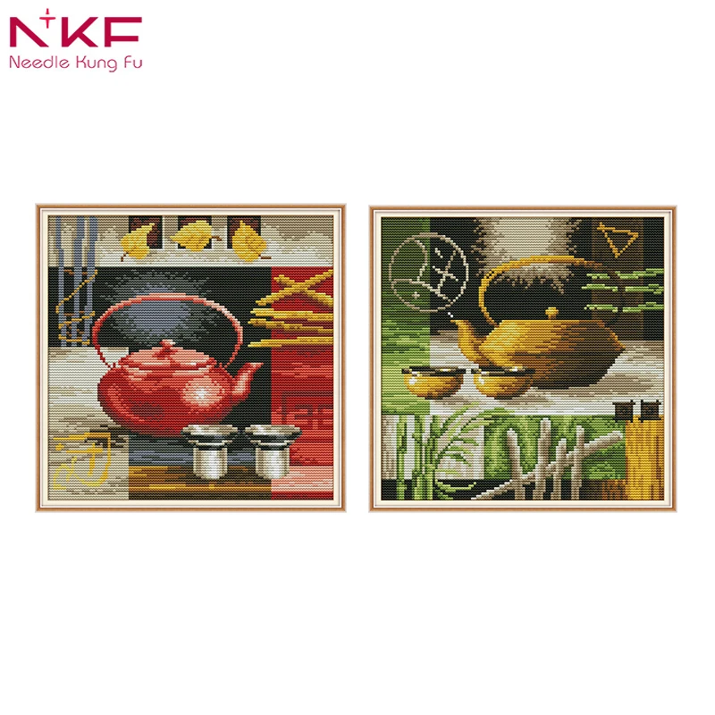 

NKF DMC Counted Chinese Cross Stitch Kits Printed Cross-Stitch Set Embroidery Needlework Set for Home Decor-Teapot And Teacup