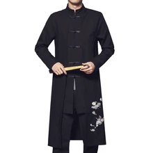 Китайский Ретро стиль черные длинные пальто мужские осенние новые однобортные с вышивкой тренчи большой размер 5XL