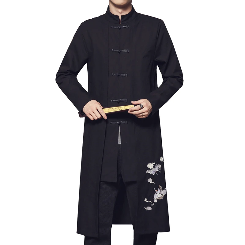  Chinese Retro Style Black men Long Coat Autumn New Single-breasted Embroidery Trench long jacket La
