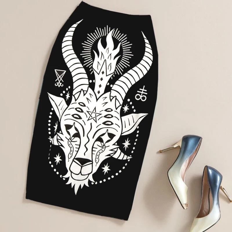 

Summer Black Gothic Rock Punk Print Pencil Skirt Clothing Vintage Baphomet Goat Of Mendes Ladies High Waist Midi Bodycon Skirts