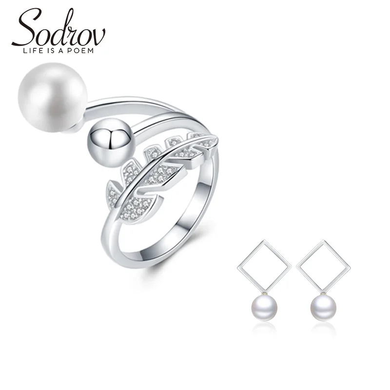 

SODROV Popular Elegant 925 Sterling Silver White Pearl Jewelry Sets for Women Ring & Earrings