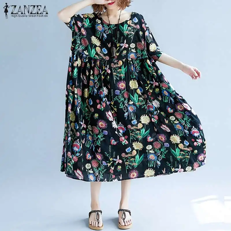 2019 летнее женское богемное платье ZANZEA винтажный цветочный принт Vestidos длина до