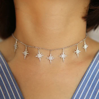 2020 Hot Sale Cz Paved Sequins Long North Star Layer Choker Necklace Accessories For Women Nice Jewelry Silver Color Gift Party