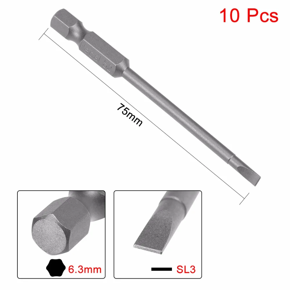 

Uxcell Hot Sale 10pcs 75mm 1/4" Hex Shank SL3 Magnetic Slotted Head Screwdriver Bits S2 High Alloy Steel