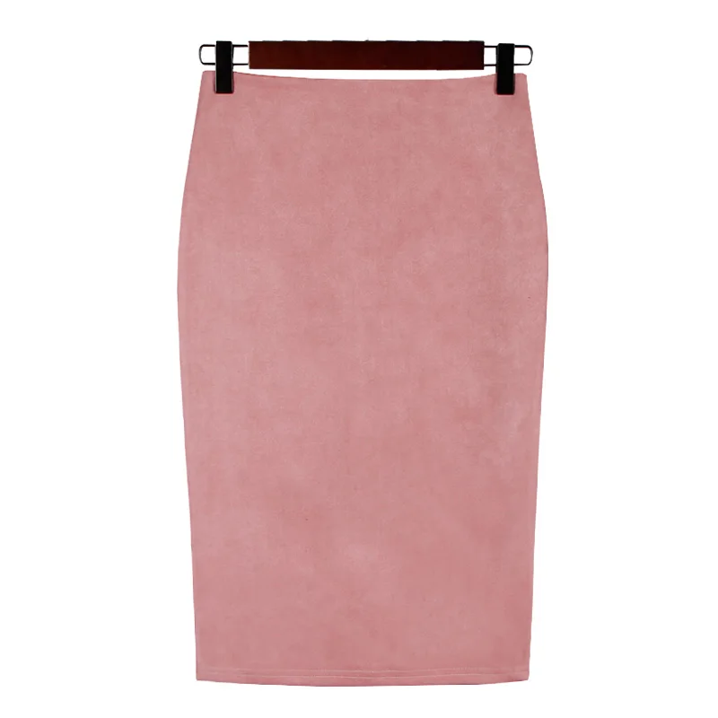 Весенние серые розовые женские замшевые миди юбки-карандаш, повседневные сексуальные тянущиеся юбки с высокой талией для офисной работы Saia - Цвет: Розовый