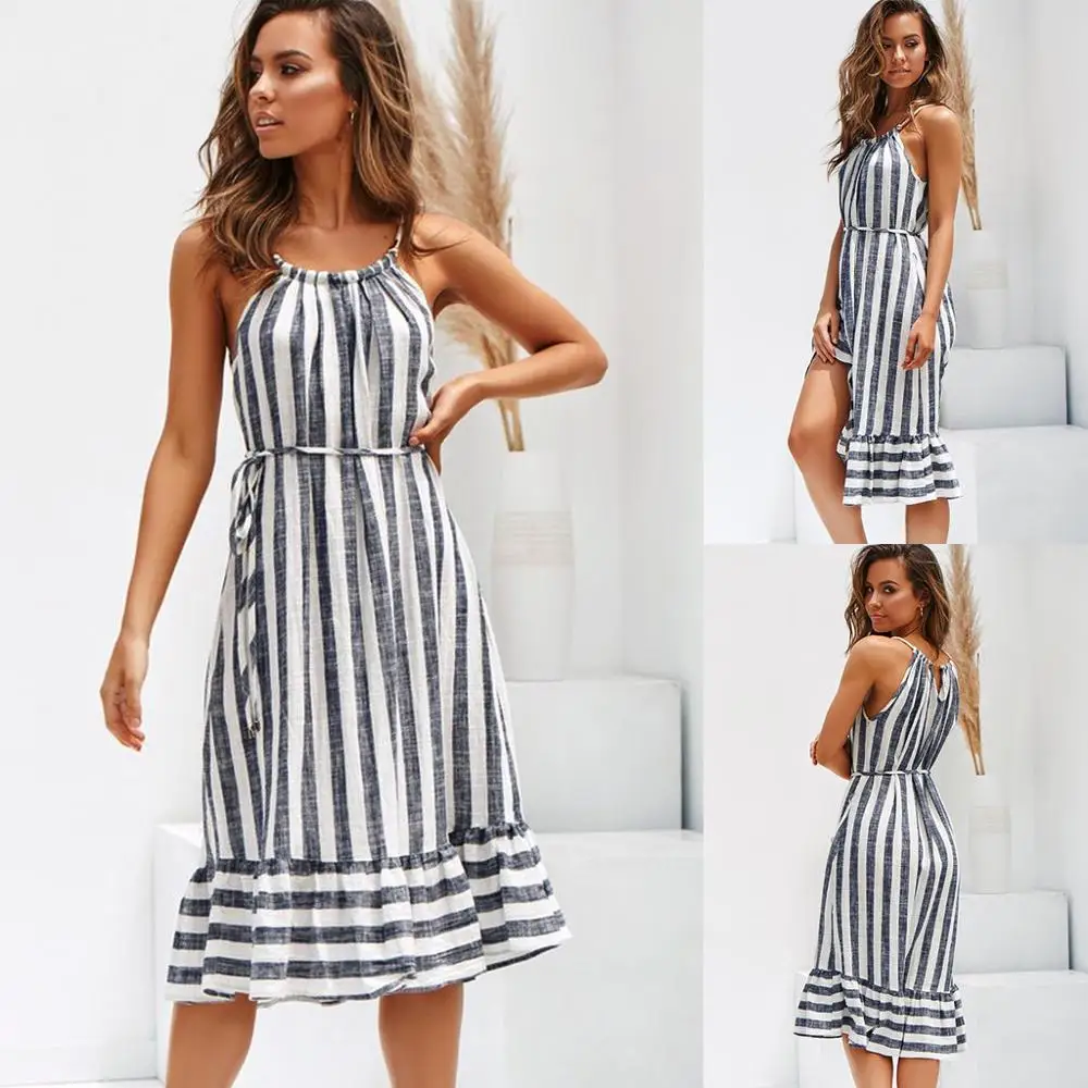 

Halter Striped Women Fashion Dresses Summer Lady Sleeveless Mid Length Casual Dress Ruffles Sashes