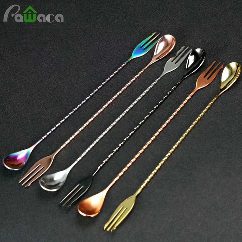 

1PC 2 IN 1 Stainless Steel Mixing Spoon Fruit Fork Spiral Pattern Cocktail Bar Spoon Drink Shaker Spoon Bartender Tool 12 Inches