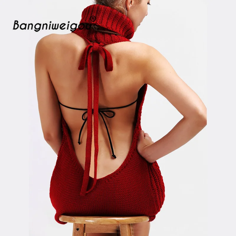 

7 colors New Turtleneck Sleeveless Long Virgin Killer Sweater Japanese Knitted Sexy Backless Sweater Women Slim Pullovers