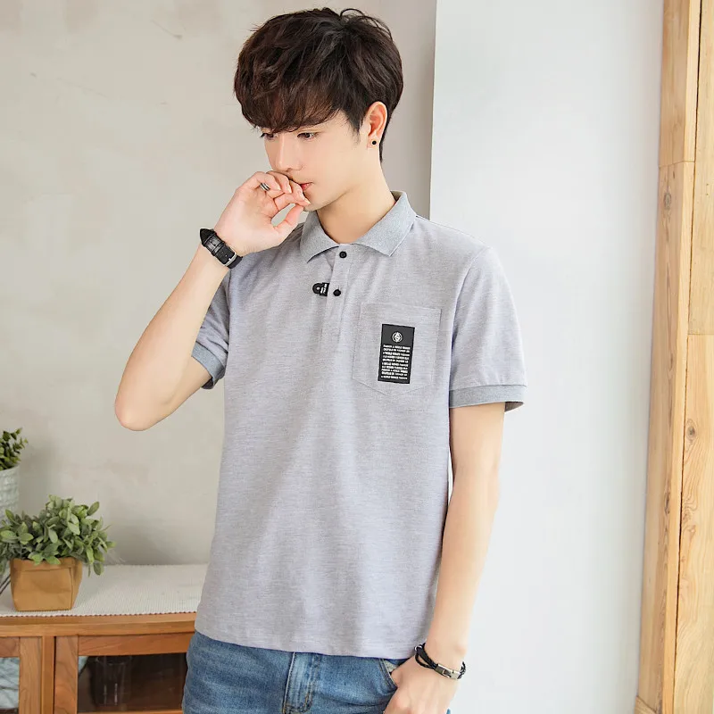 

2019 Summer Men's Korean Casual Lapel Print Design Pocket Decorative Breathable Fabric Half Sleeve Polo Shirt