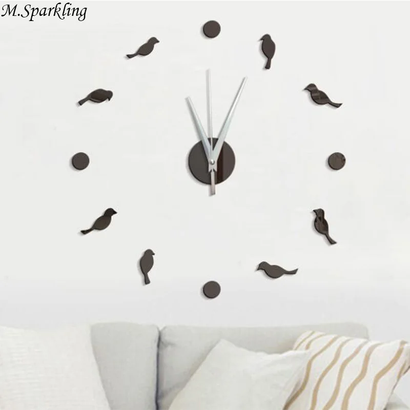 M.Sparkling DIY Wall Clocks Stickers Butterfly Bird Cartoon Children Room Wall Decoration Hanging Clock 3D Mirror Clock 