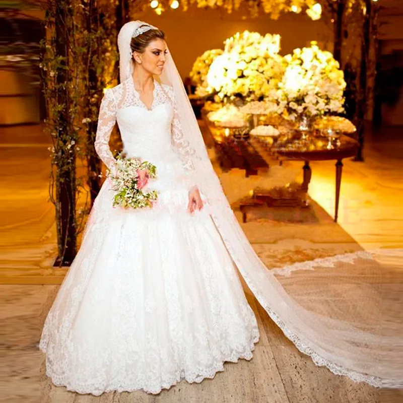 

Hot Sale Custom made 2019 New Elegant Vestido De Noivas A-Line Full Sleeve Lace Long Wedding Dresses with Beading
