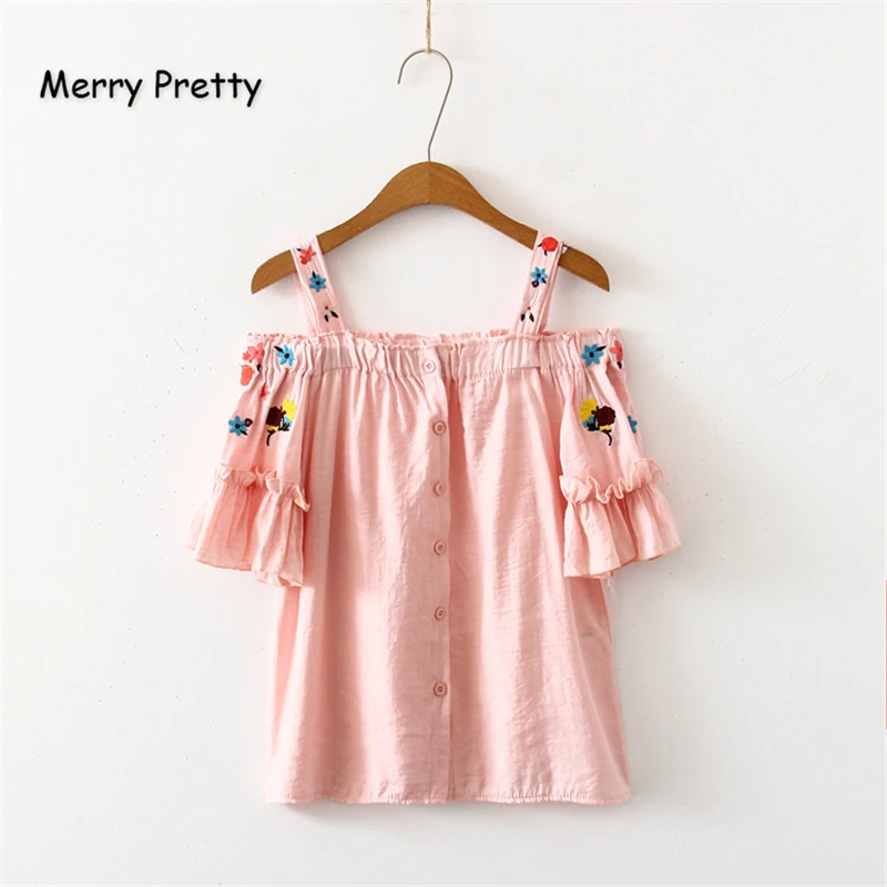 

Merry Pretty Women Floral Embroidery Blouses Slash Neck Petal Sleeve Single Button Shirts 2019 Summer Sweet Style Camis Blouses