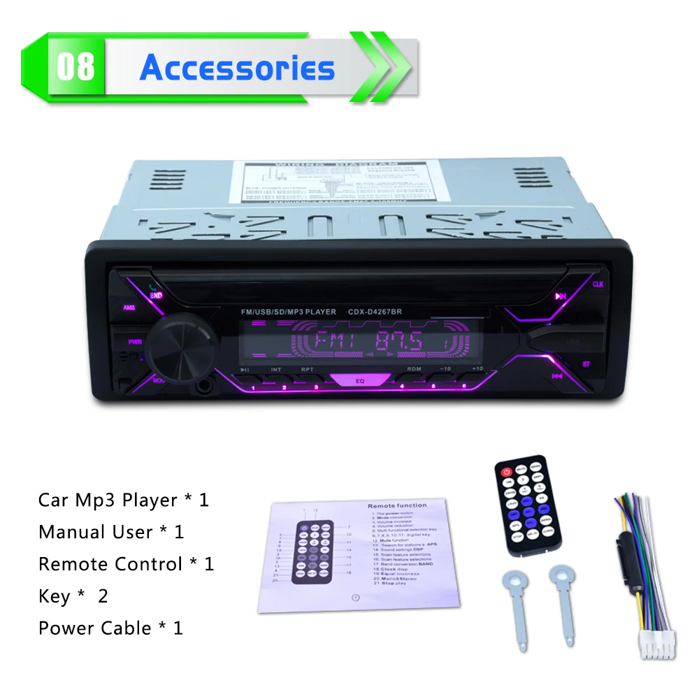 4*60W extraíble 1 Din In-dash AUX Panel desmontable CDX-D4267 BR 7 color de luz de coche MP3 jugado