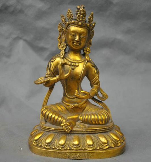 

8'' China Tibet Pure Bronze Buddhism Green Tara Sit Bodhisattva Amitabha Statue R0712