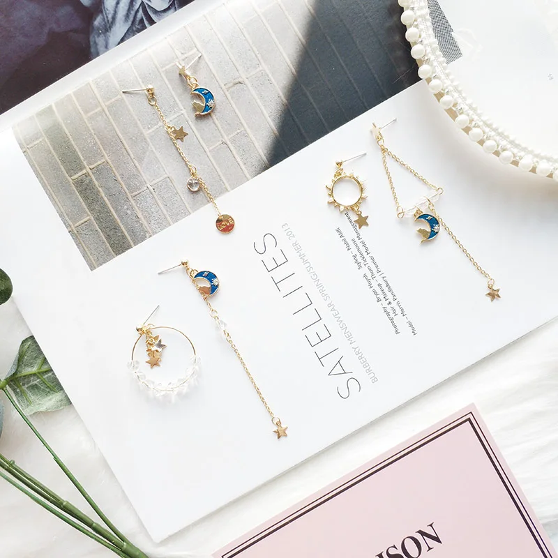 

Women Drop Bangle Earrings Anti-allergy Asymmetry Moon Cat Crystal Korea Handmade Fashion Jewelry-JQD5