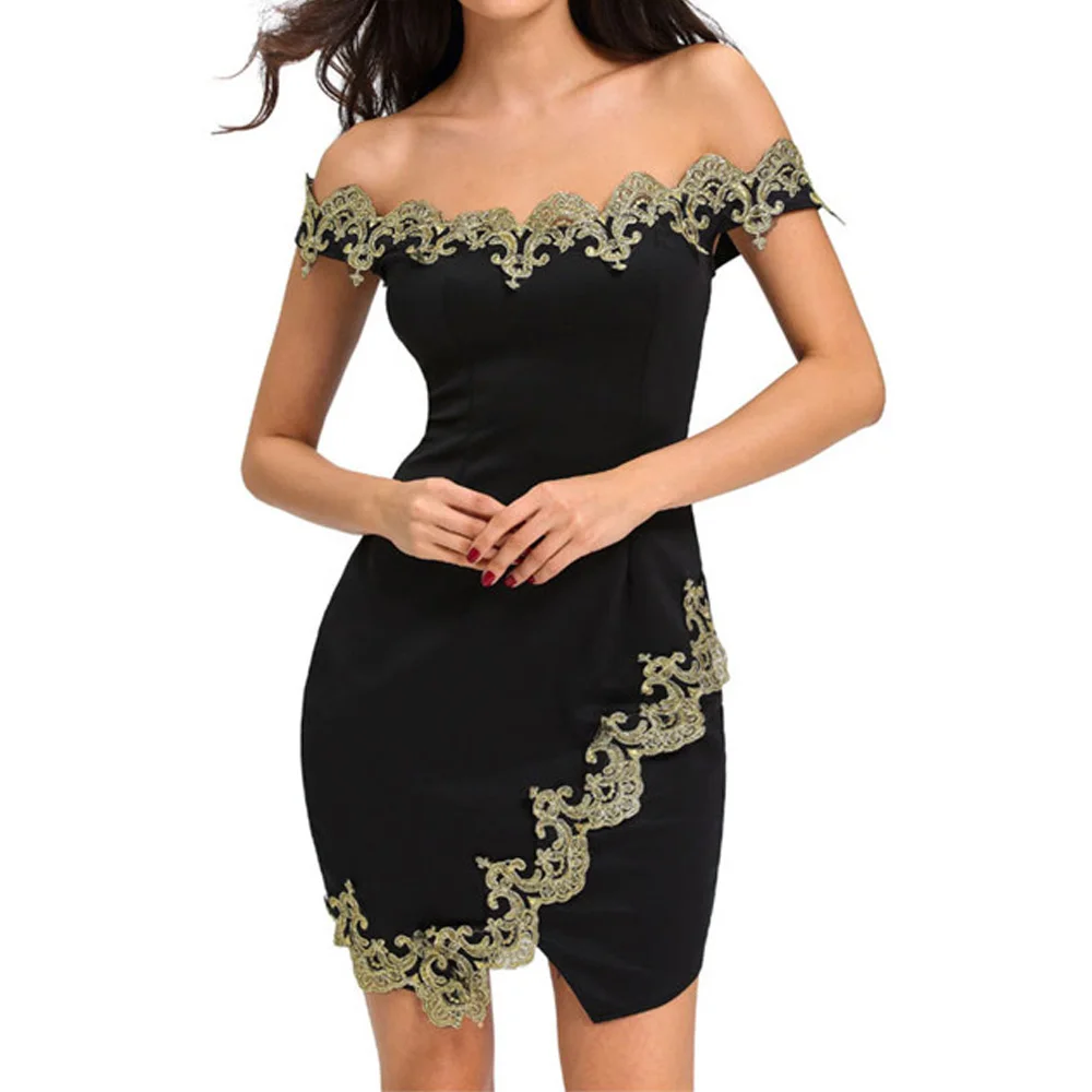 Gold-Lace-Applique-Black-Off-Shoulder-Mini-Dress-LC22715-2-5