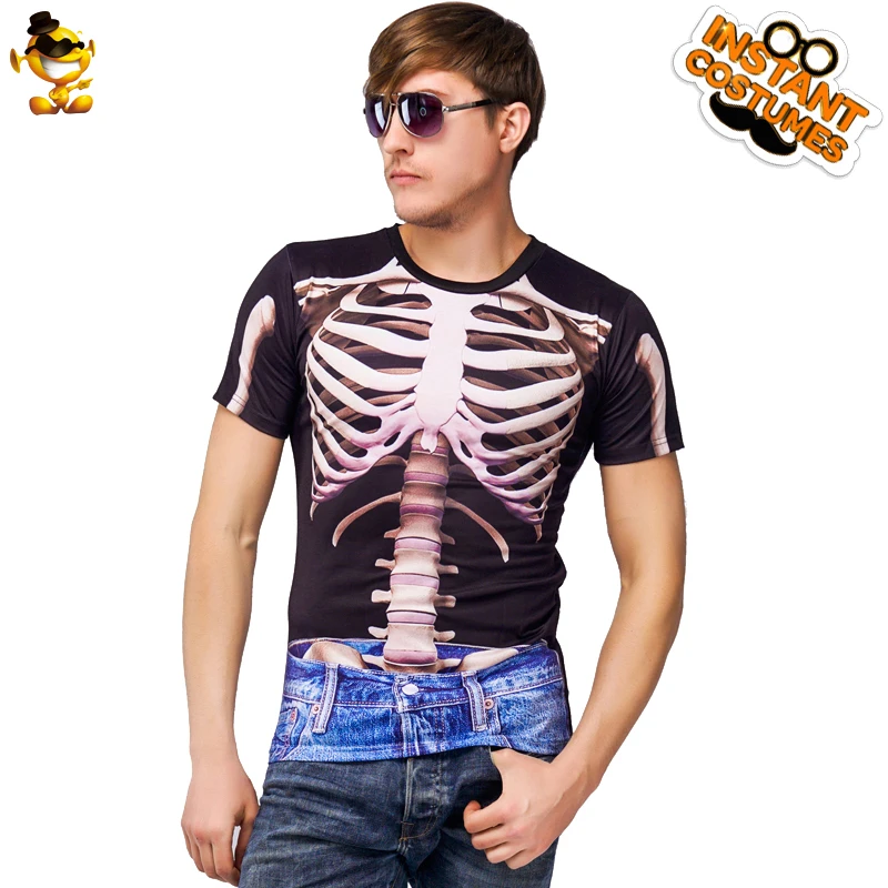 

DSPLAY Cosplay Scary Cool Short Sleeve T-shirt for Men Costumes Party Men's Printing Skeleton 100% Polyester Tops Halloween