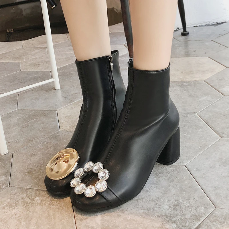 

Boots Women 2018 Autumn And Winter New Thick With Rhinestone Metal Buckle High Heel Boots Women Shoes