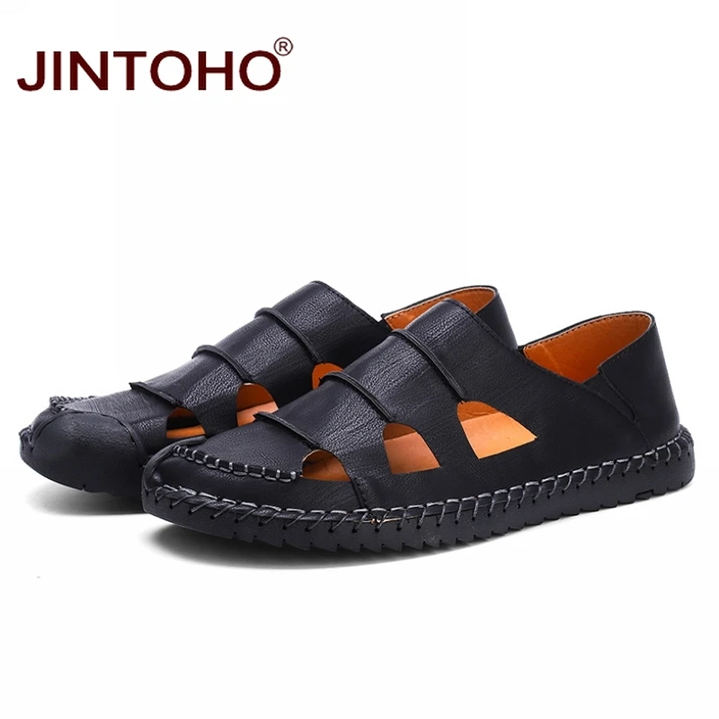 JINTOHO/высококачественные летние босоножки из натуральной кожи; модные повседневные сандалии на плоской подошве; летняя пляжная обувь; мужские пляжные сандалии