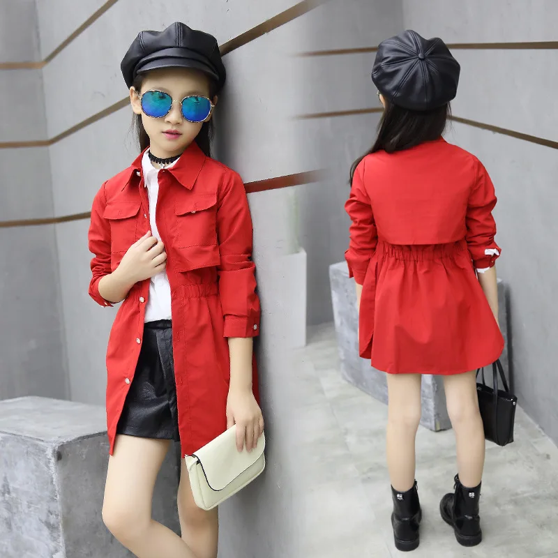 

Girls windbreaker 2019 new spring autumn girls pure color cardigan the long section fashion lapel Windbreaker4 6 8 10 12 13years