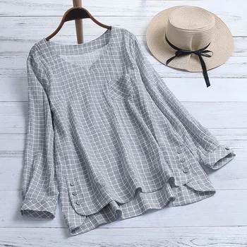 

Vintage Tunic Top Women Plaid Blouse Female Long Sleeve Button Shirt Chemise Asymmetrical Hem Blouse Casual Blusas Plus Size 5XL