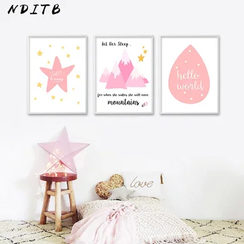 

NDITB Cartoon Pink Star Mountains Canvas Poster Wall Art Nursery Quote Print Painting Wall Picture Baby Girls Room Decoration
