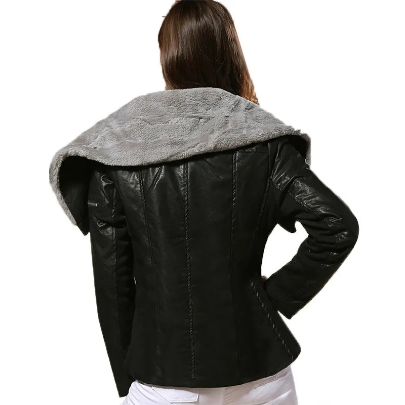 Hot Fashion Female Faux Fur collar Leather Jackets Women Faux Leather Warm Overcoats Winter Turn-Down Collar Short Outerwear
