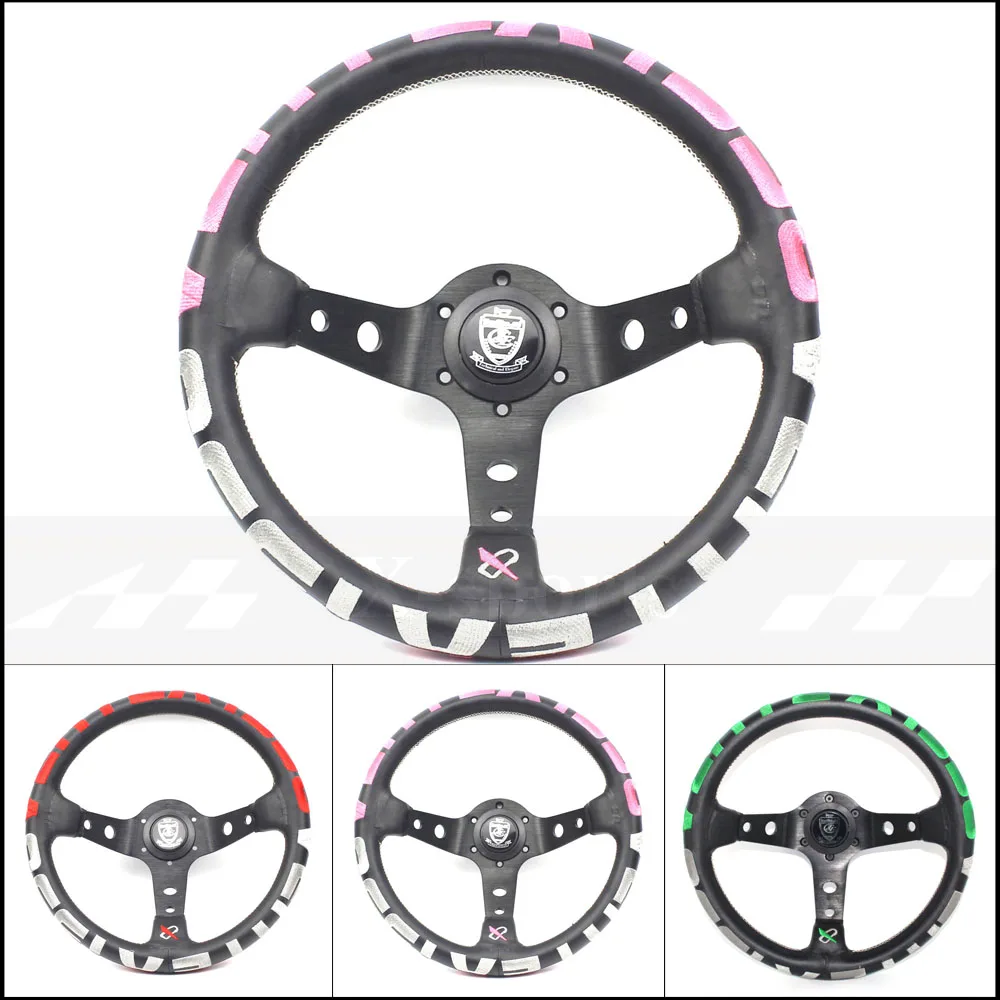 

car Sport steering wheel racing type High quality universal 13 inches 320MM Aluminum+bullhide Embroidered 3 color Red green pink